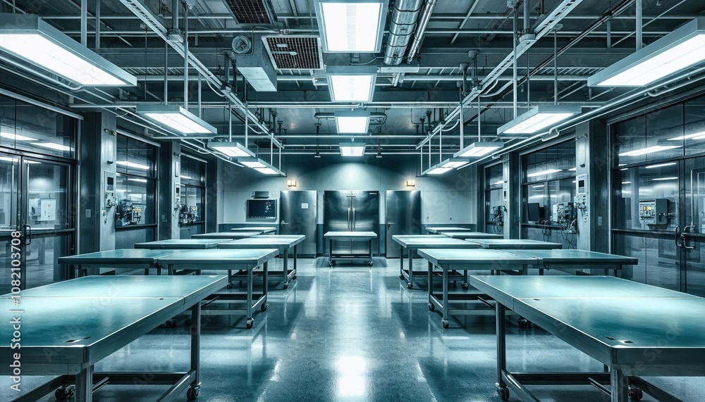 Empty morgue interior with stainless steel examination tables under fluorescent lights. Clinical blue-tinted atmosphere captures the sterile, eerie ambiance of forensic facility Empty morgue interior with stainless steel examination tables under fluorescent lights. Clinical blue-tinted atmosphere captures the sterile, eerie ambiance of forensic facility