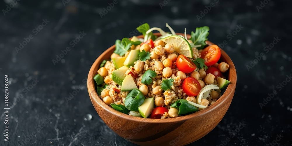 A vibrant and fresh salad with couscous, avocado, cherry tomatoes, and herbs, nestled in a rustic wooden bowl, ready to be enjoyed. A vibrant and fresh salad with couscous, avocado, cherry tomatoes, and herbs, nestled in a rustic wooden bowl, ready to be enjoyed.