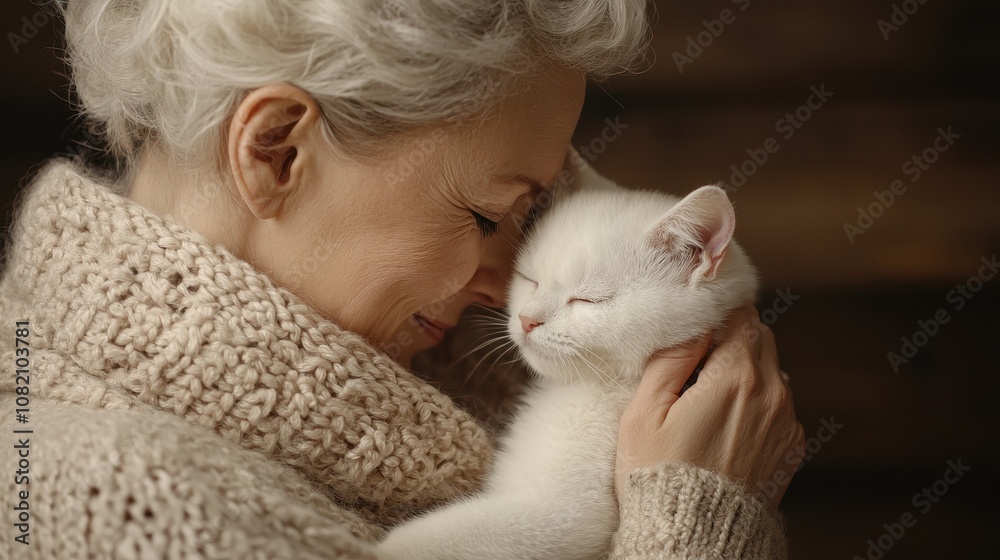 A warm embrace between a woman and her fluffy white cat, showcasing love, comfort, and companionship in a cozy setting. A warm embrace between a woman and her fluffy white cat, showcasing love, comfort, and companionship in a cozy setting.