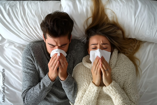 A couple in bed wiping nose with napkins in bed, sick fever at home.