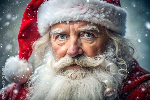 Santa Claus and reindeer. A close-up of a serious-looking Santa Claus with a snowy backdrop, showcasing a thick white beard and a red hat, creating a classic holiday vibe. photo