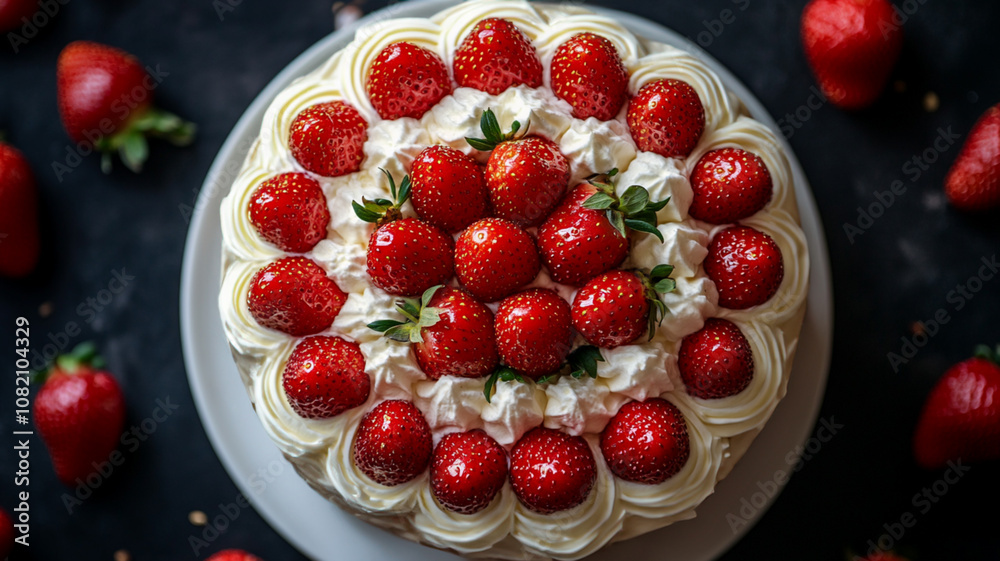 たっぷり苺のホールケーキ(俯瞰ショット) / Bird's-eye View of a Strawberry-Decorated Whole Cake generative AI たっぷり苺のホールケーキ(俯瞰ショット) / Bird's-eye View of a Strawberry-Decorated Whole Cake generative AI