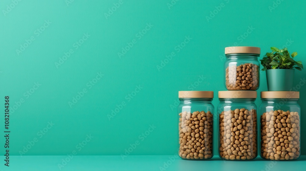 A serene arrangement of glass jars filled with beans, accompanied by a small plant, set against a vibrant turquoise background. A serene arrangement of glass jars filled with beans, accompanied by a small plant, set against a vibrant turquoise background.
