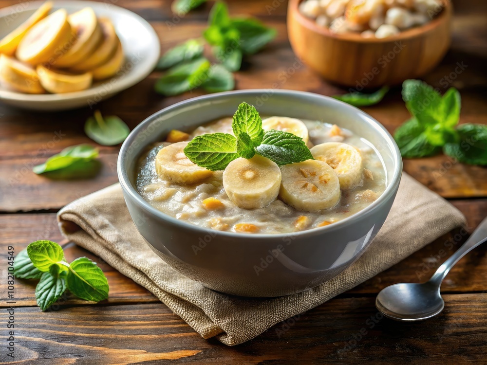 Taste the delightful bowl of oatmeal adorned with ripe banana slices and fresh mint leaves, showcasing a stunning tilt-shift photography perspective. Taste the delightful bowl of oatmeal adorned with ripe banana slices and fresh mint leaves, showcasing a stunning tilt-shift photography perspective.