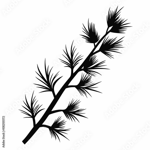 Pine tree branch vector silhouette black illustration on a white background