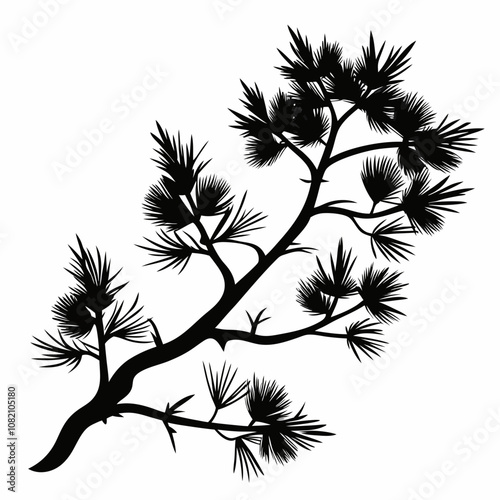 Pine tree branch vector silhouette black illustration on a white background