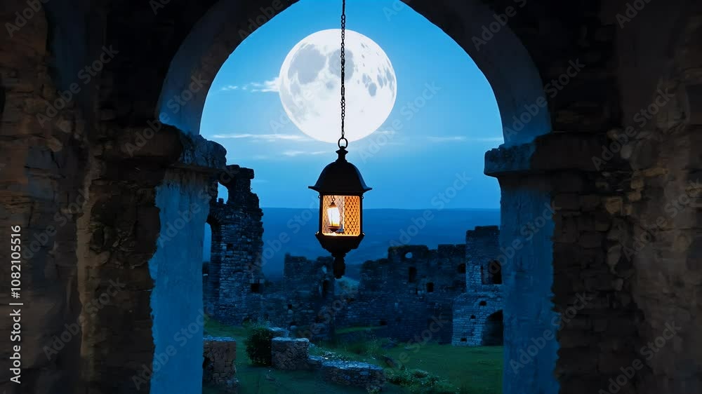 4K swinging lantern set ruins full moon ethereal glow dark silhouette create atmospheric cinematic effect