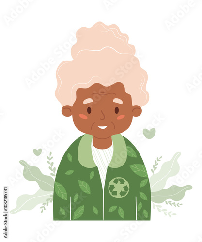 Happy black elderly woman in fashionable clothes from recycling textile. Eco friendly clothing sustainable fashion and environmental care concept. Ecology lifestyle pensioner. Vector illustration