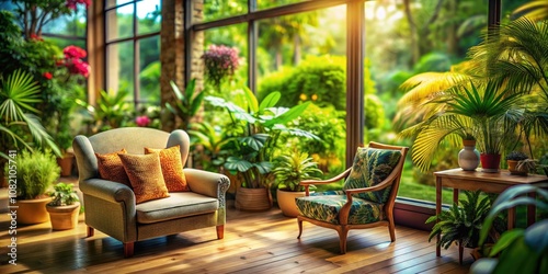 Transform your space into a tranquil retreat with a tilt-shift armchair  rich greenery  and lively decor  ideal for enhancing your relaxing lifestyle experience.