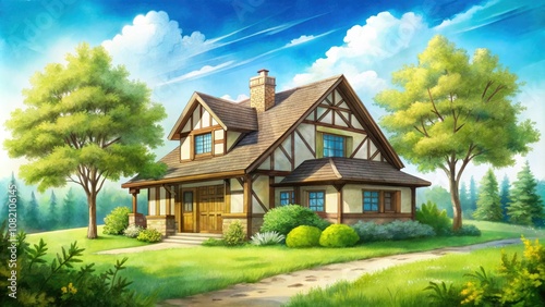 Whimsical watercolor cottage design perfect for postcards and greeting cards, highlighting a charming timber frame house set against a backdrop of vivid green grass and bright blue sky.