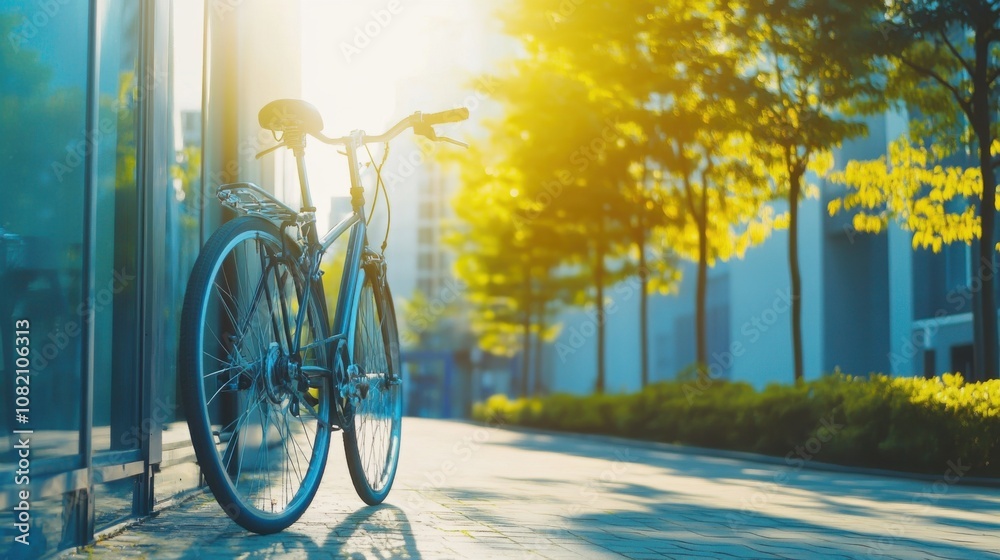 Urban Sunlit Scene Featuring a Bicycle Against a Backdrop of Trees and a Modern Building in a Peaceful Morning Setting Urban Sunlit Scene Featuring a Bicycle Against a Backdrop of Trees and a Modern Building in a Peaceful Morning Setting