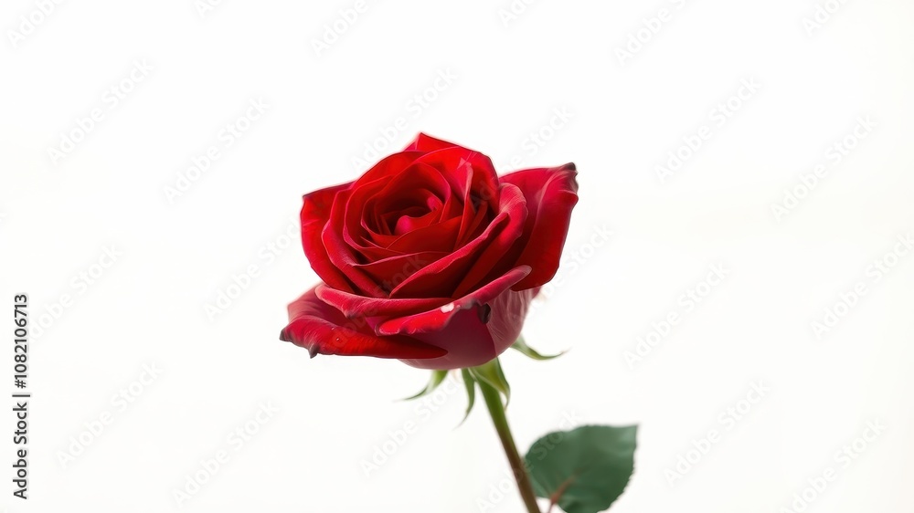 A single red rose with petals unfurling, showcasing its delicate beauty against a pristine white background. A single red rose with petals unfurling, showcasing its delicate beauty against a pristine white background.
