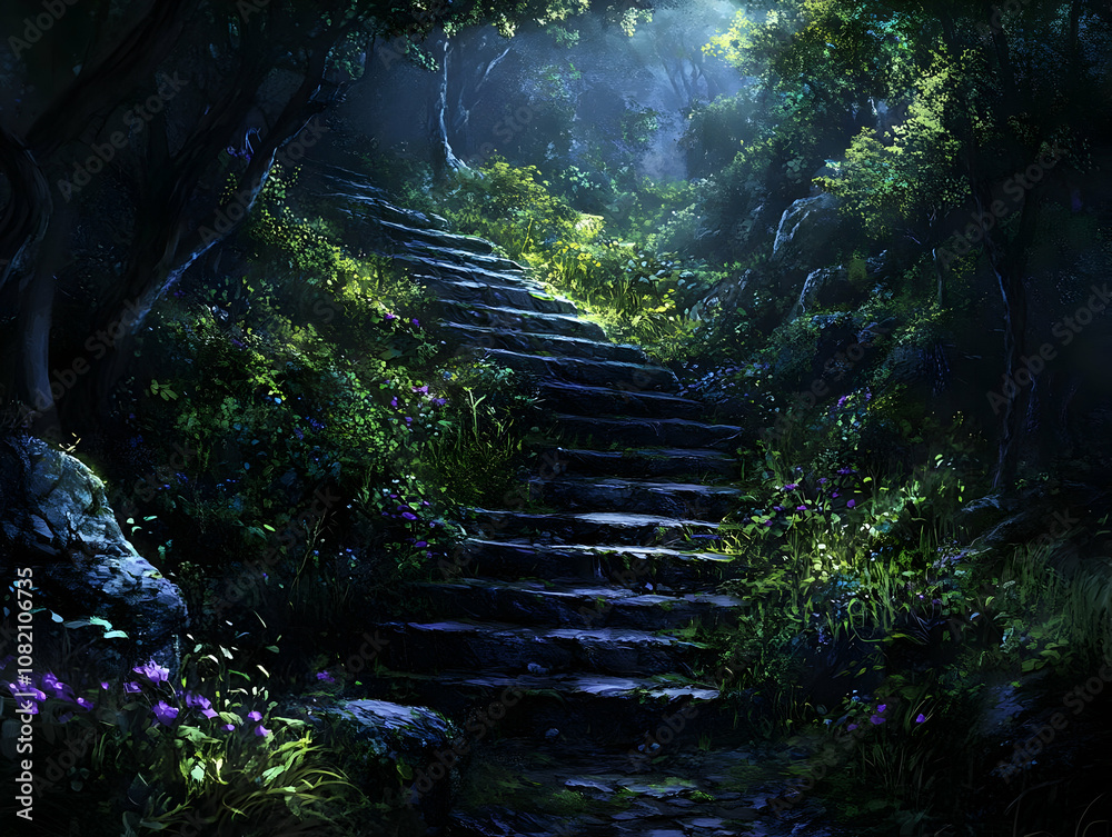 Illustration - Enchanted Forest Path with Stone Steps at Night Illustration - Enchanted Forest Path with Stone Steps at Night