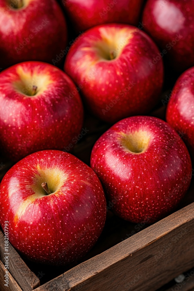 Red apples arranged neatly in a rustic wooden crate for autumn harvest Red apples arranged neatly in a rustic wooden crate for autumn harvest