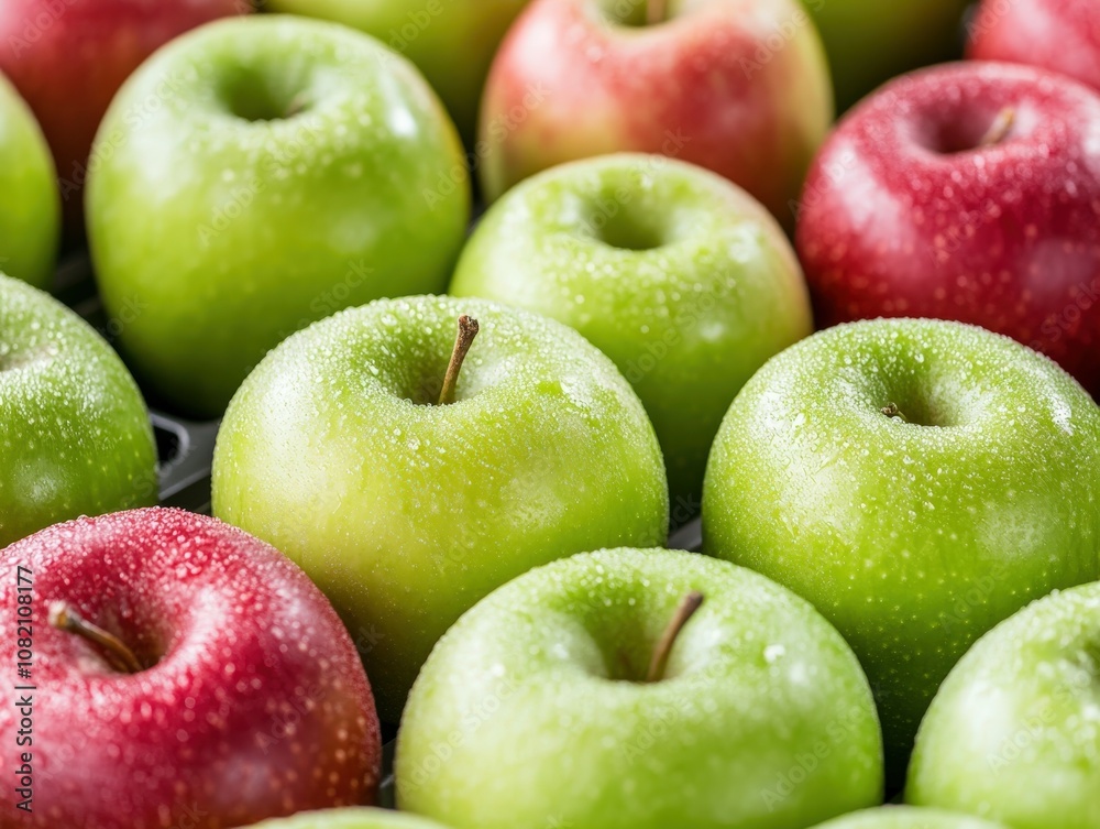 Fresh apples with droplets arranged in vibrant colors at a market Fresh apples with droplets arranged in vibrant colors at a market