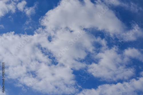 The sky is blue and cloudy. The clouds are white and fluffy. The sky is clear and bright.