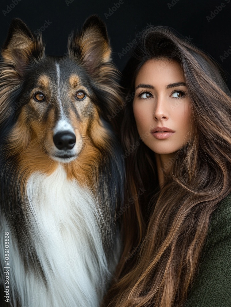 Stunning Portrait of a Young Woman with Long Hair and a Beautiful Collie Dog Against a Dark Background, Highlighting Their Expressions and Connection Stunning Portrait of a Young Woman with Long Hair and a Beautiful Collie Dog Against a Dark Background, Highlighting Their Expressions and Connection