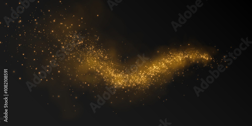 Fantastic smoke background. PNG Magical smoke with glitter and small particles of twinkling stars, fog with glowing particles, golden vapour with stardust. Vector illustration.
