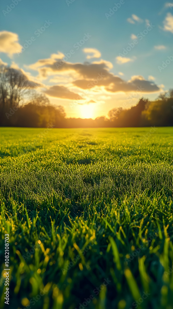 Obraz premium Photo - Golden Sunset over Lush Green Grass Field