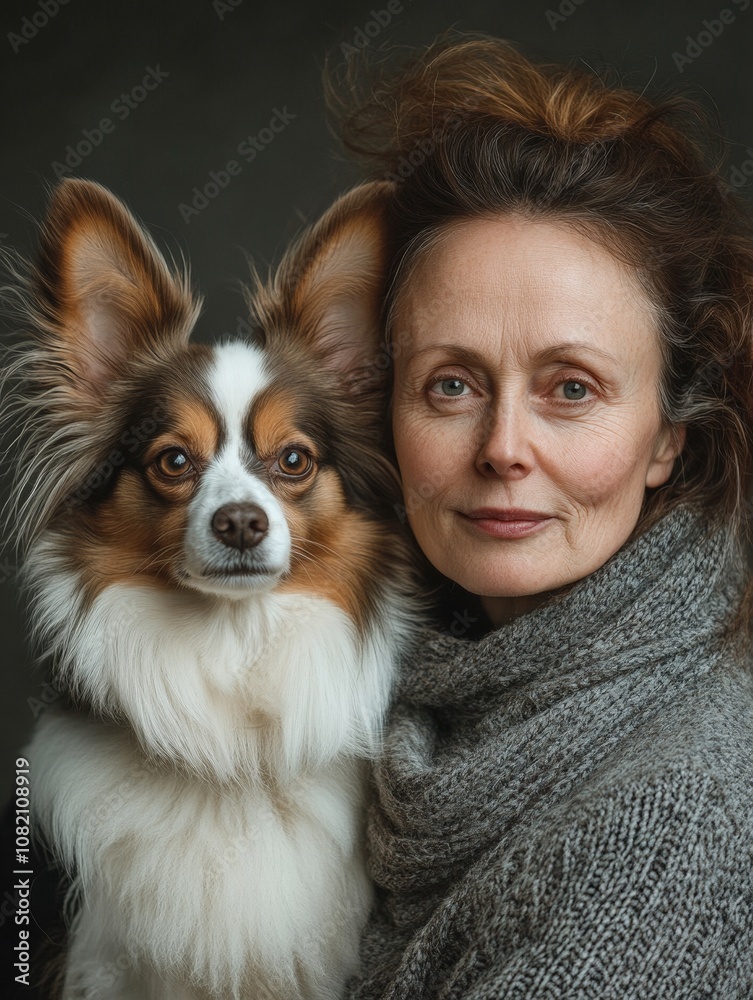 A Serene Woman in a Cozy Sweater Embraces Her Adorable Fluffy Dog with a Warm Smile in a Softly Lit, Atmospheric Portrait Setting A Serene Woman in a Cozy Sweater Embraces Her Adorable Fluffy Dog with a Warm Smile in a Softly Lit, Atmospheric Portrait Setting