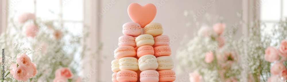 Fototapeta premium Eye-catching gourmet heart-shaped macaron tower with vibrant colors and delicate floral accents