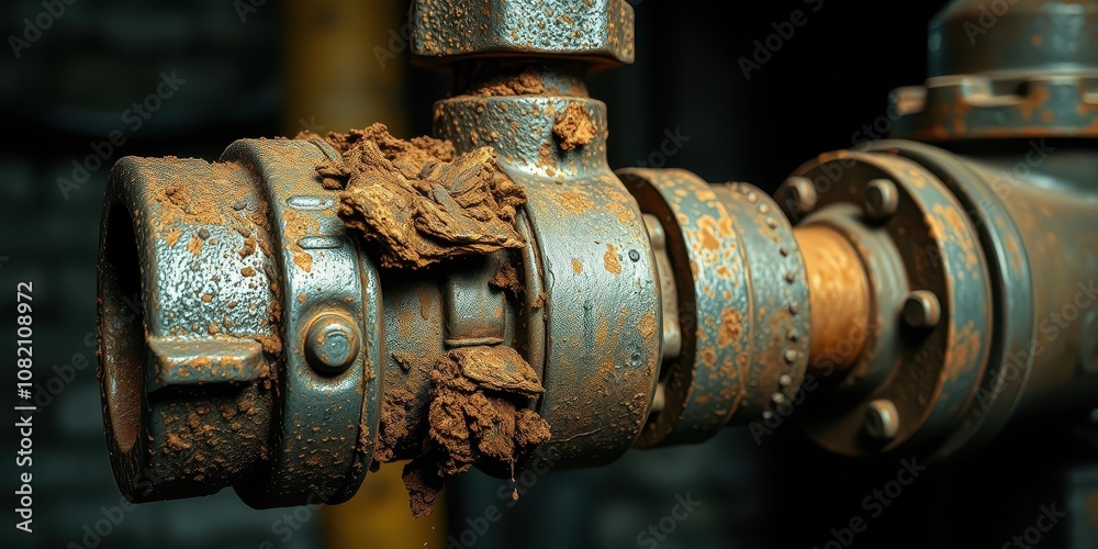 A close-up of a rusted pipe fitting covered in mud and grime, showing the wear and tear of industrial use. A close-up of a rusted pipe fitting covered in mud and grime, showing the wear and tear of industrial use.