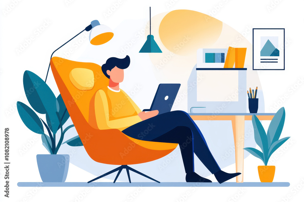 Salary and Benefits Package. A person sits comfortably in an orange chair, working on a laptop, surrounded by plants and decor in a modern, cozy workspace. Salary and Benefits Package. A person sits comfortably in an orange chair, working on a laptop, surrounded by plants and decor in a modern, cozy workspace.