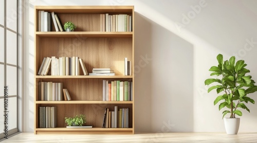 Bright minimalist living room featuring a stylish wooden bookcase filled with neatly arranged books and plants.