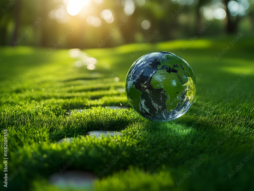 3D Illustration - Earth on Green Grass Path with Sunlight 3D Illustration - Earth on Green Grass Path with Sunlight