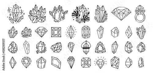 Mystical crystals or diamonds isolated clipart bundle set. Magic crystals hand drawn, crystals doodle, line gem stones isolated items on white esoteric photo