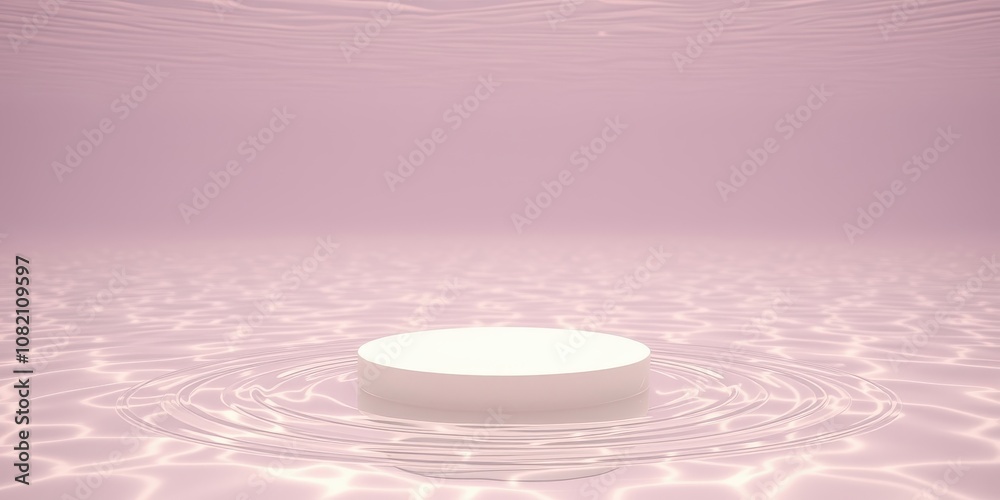 A Minimalist Abstract Scene with a Circular Platform Floating on Rippling Water and a Soft Pink Background A Minimalist Abstract Scene with a Circular Platform Floating on Rippling Water and a Soft Pink Background