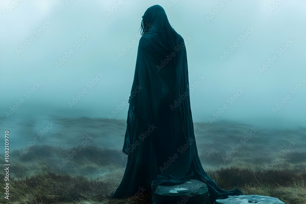 Illustration - Figure in a Cloak, Mist, and Grass Illustration - Figure in a Cloak, Mist, and Grass