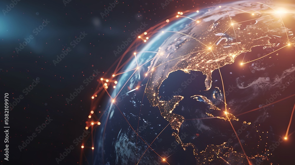 A digital rendering of Earth with lines of light connecting various continents, symbolizing global communication. A digital rendering of Earth with lines of light connecting various continents, symbolizing global communication.