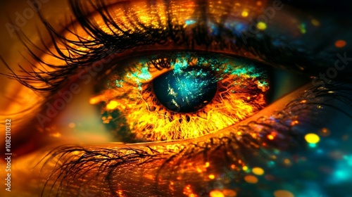 A vibrant close-up of an eye revealing glowing orange and blue tones with a futuristic digital effect, showcasing intricate details and colors