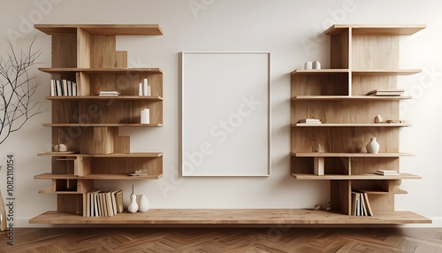 
Image showcases a modern, minimalist interior design featuring a series of wooden shelves integrated into a wall. 