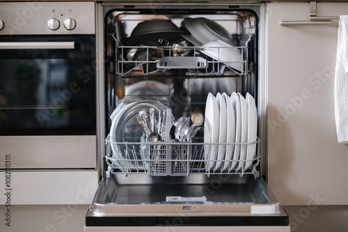 Open dishwasher fully loaded with clean dishes, ready to be emptied