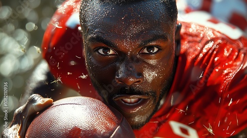 A determined athlete focuses intensely while gripping a football in a dynamic pose. photo