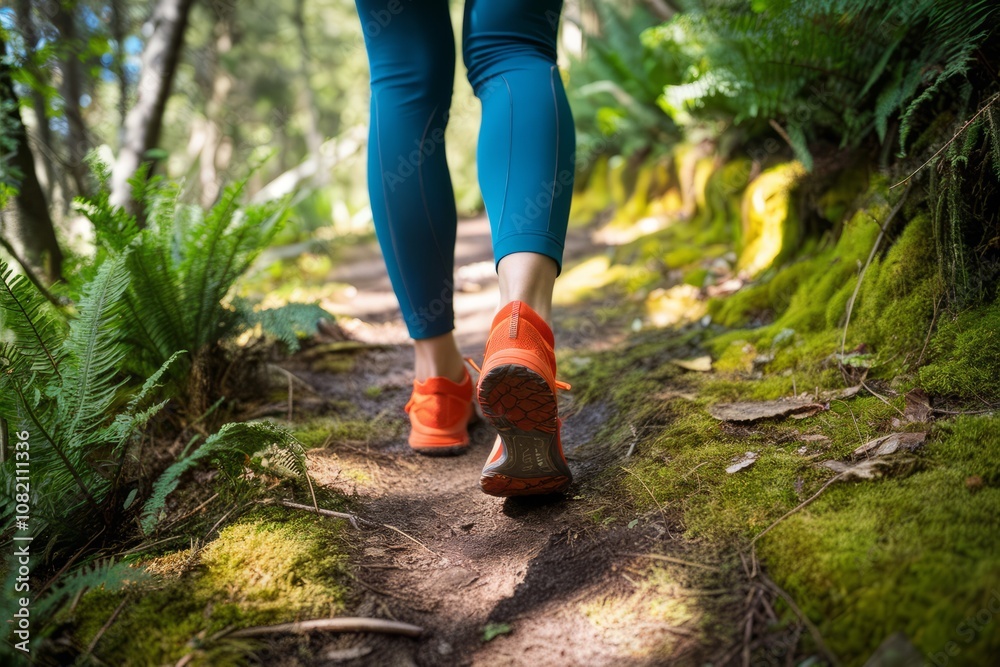 Embracing the Trail: A person's legs in motion, as they walk along a verdant forest trail, with ferns and lush moss, capturing the essence of a refreshing and invigorating outdoor experience. Embracing the Trail: A person's legs in motion, as they walk along a verdant forest trail, with ferns and lush moss, capturing the essence of a refreshing and invigorating outdoor experience.