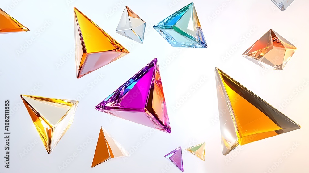 Colorful, abstract, geometric background with glass pyramids floating on white. Colorful, abstract, geometric background with glass pyramids floating on white.