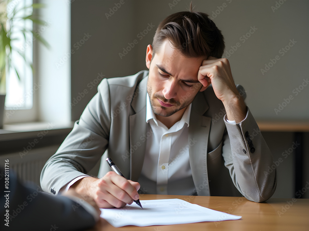 Serious Businessman Signing Contract, Focused, Stressed, Meeting, Decision, Legal Document, Gray Suit, Wooden Table, Thoughtful, Contemplative, Anxiety Serious Businessman Signing Contract, Focused, Stressed, Meeting, Decision, Legal Document, Gray Suit, Wooden Table, Thoughtful, Contemplative, Anxiety