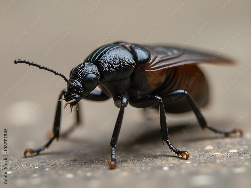 Close-up Black Beetle Macro Glossy Exoskeleton, Amber Wings, Detailed Texture, Shallow Depth of Field, Rocky Background Close-up Black Beetle Macro Glossy Exoskeleton, Amber Wings, Detailed Texture, Shallow Depth of Field, Rocky Background
