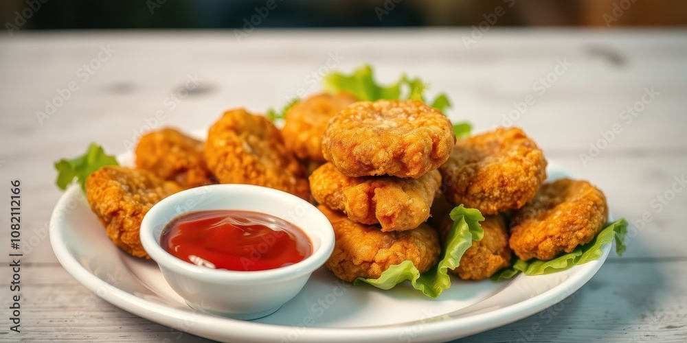 A plate of golden fried chicken nuggets served with a side of tomato ketchup and a garnish of fresh green lettuce leaves A plate of golden fried chicken nuggets served with a side of tomato ketchup and a garnish of fresh green lettuce leaves