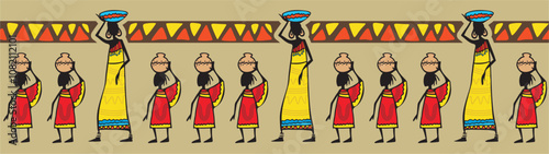 Vector African women and girls ethnic frieze decorative design. Black female people in traditional clothing, carrying pottery over head.