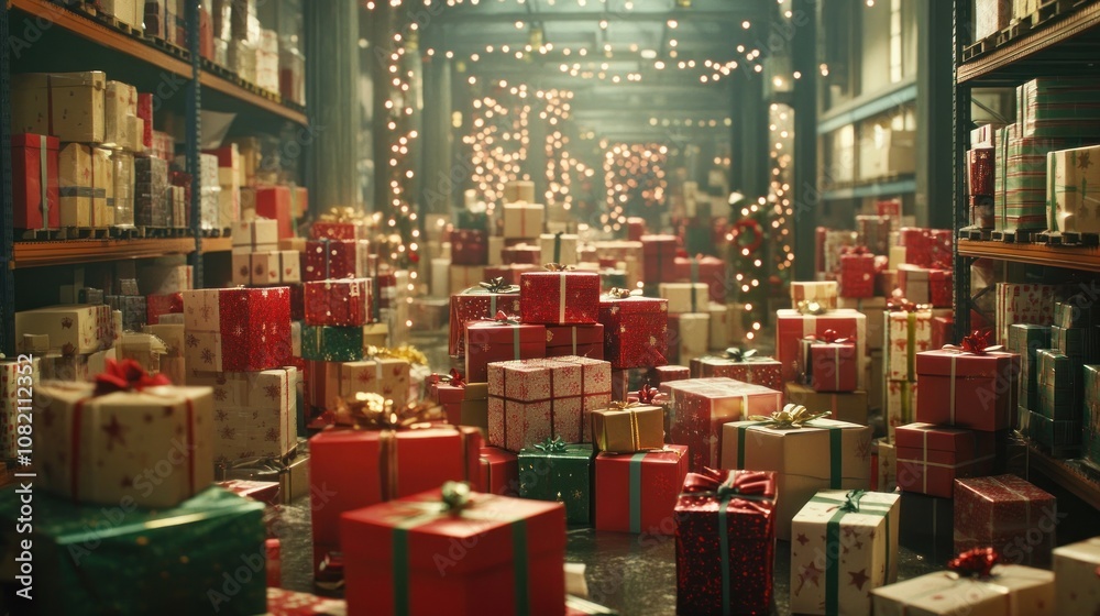 A festive warehouse filled with colorful wrapped gifts. A festive warehouse filled with colorful wrapped gifts.