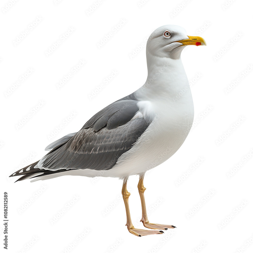 Fototapeta premium Realistic seagull bird illustration, gray and white coastal gull with yellow beak, natural wildlife animal graphic isolated PNG with Transparent Background
