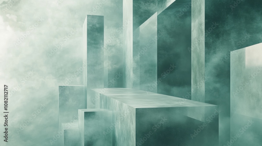 Fototapeta premium Surreal geometric structures rise through misty clouds in a dreamlike landscape, AI