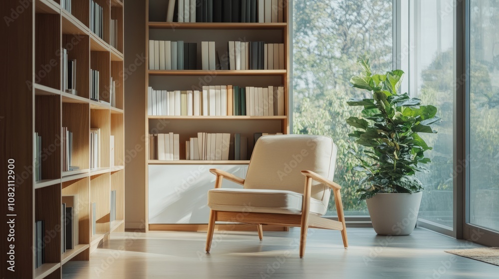 Fototapeta premium Minimalist space with a light wooden bookcase, mid-century modern armchair, and floor-to-ceiling windows.