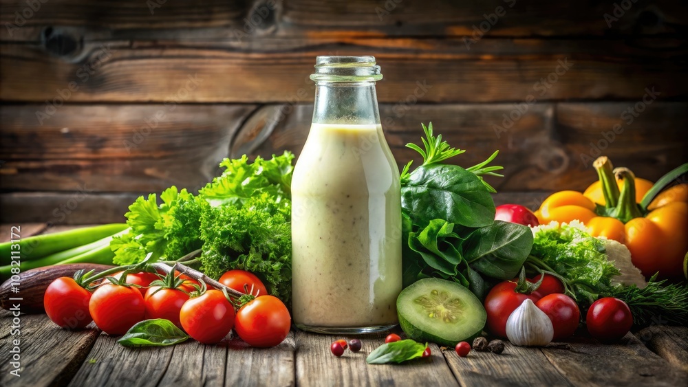 Elevate Your Salad Game with Creamy Dressing on Rustic Wood Background Elevate Your Salad Game with Creamy Dressing on Rustic Wood Background