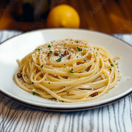 A creamy linguine pasta wit...