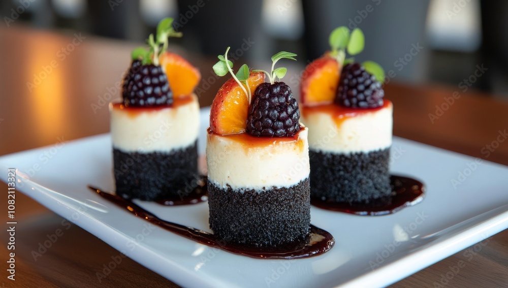 Three mini desserts on white plate, featuring cake with fruit and chocolate Three mini desserts on white plate, featuring cake with fruit and chocolate